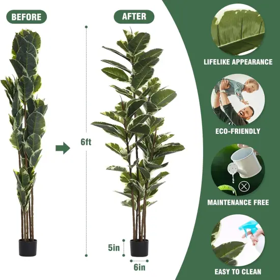 Artificial Rubber Tree Plant 6ft Tall Faux Ficus Tree Potted Fake Tropical Plants Decorative House Plants Large Floor Plants Artificial Trees for Home Office Store Room Decor {3}