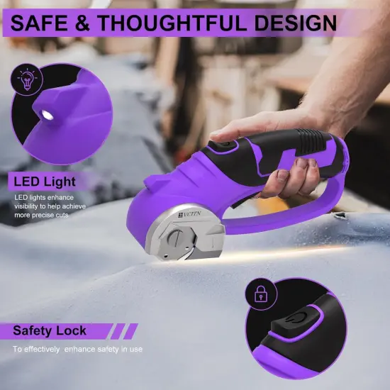 Cordless Electric Scissors, Cardboard Cutter with Replacement Self-Sharpening Cutter Blade and Safety Lock, Rotary Cutter with LED Light for Fabric, Carpet, Leather or Plastic, Purple {3}