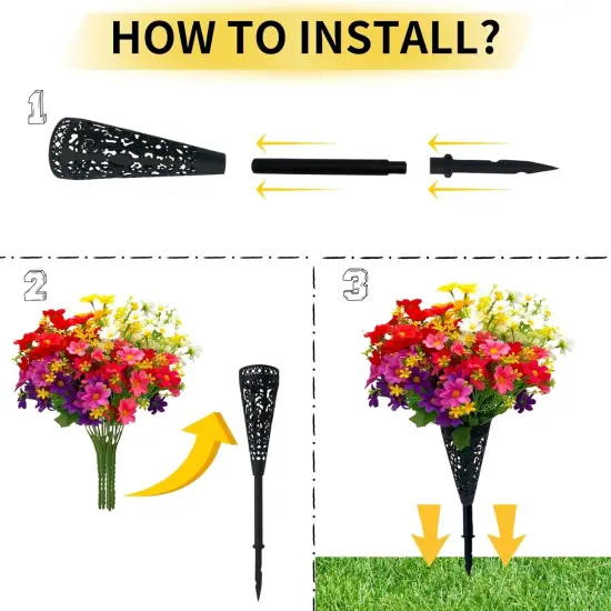 Artificial Cemetery Flowers,Set of 2 Artificial Mums Bouquet Grave Memorial Flowers with 2 Cemetery Vase with Drainage Hole Long Spikes for Cemetery Headstones Graveyard Decoration {5}