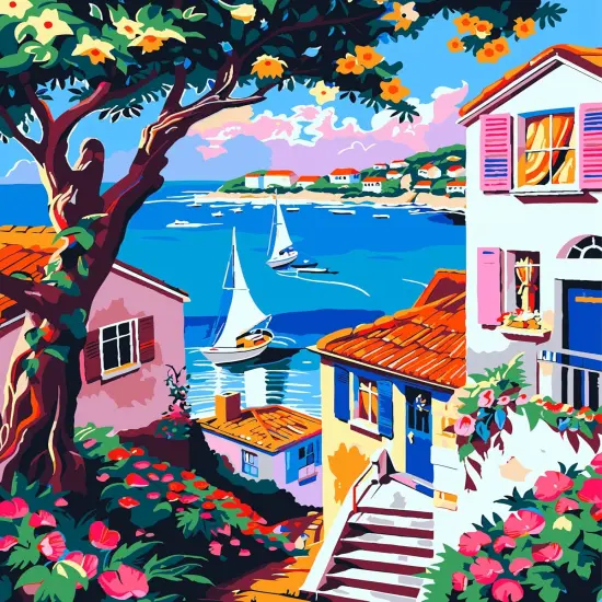 Paint by Numbers for Adults Beginner Seaside Village, Flower Oil Painting Canvas Kits with 3 Pcs Brushes, Easy Number Painting for Adults for Home Wall Art Decor (16x20inch) {1}