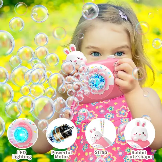 Easter Bunny Bubble Machine for Toddlers, Kids Bubble Camera, Automatic Bubble Blower with Lights & Music, Hanging Strap, 2 Bubble Bottles,10 Refill Packs - Outdoor Party Easter Basket Gift {3}