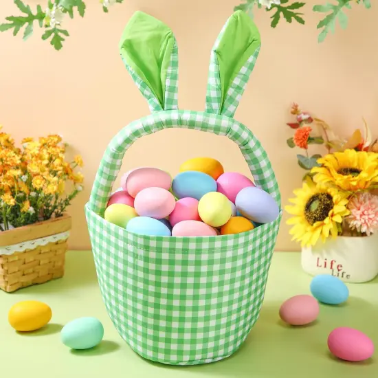 1 Piece Easter Bunny Basket Bags for Boys Girls with Cute Rabbit Ears Plaid Bucket Storage Gifts for Easter Egg Hunts Decorations Candy Gifts Storage {1}