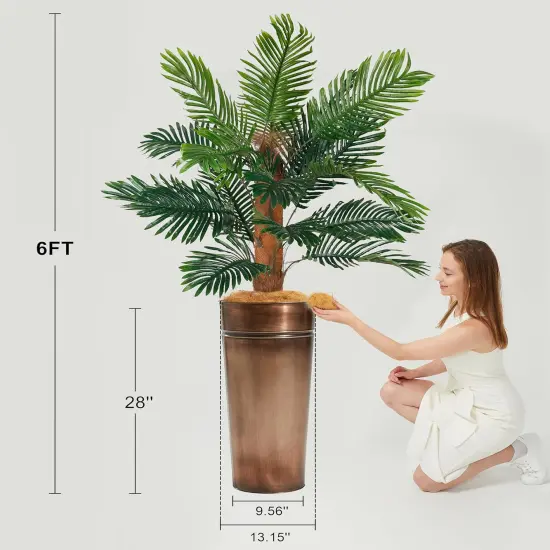 6FT Artificial Palm Tree with Galvanized Steel Bronze Tall Planter, Realistic Fake Silk Faux Tropical Areca Plants {5}
