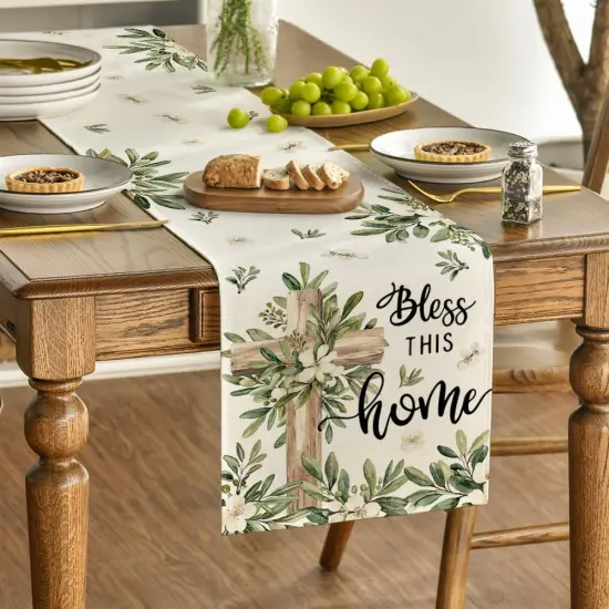 Cross Olive Leaves Spring Table Runner,Seasonal Summer Easter Kitchen Dining Table Decoration for Home Party Decor 13x72 Inch {3}