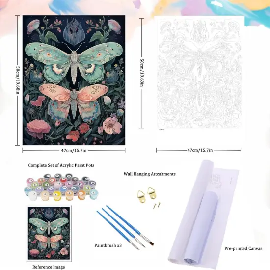 Paint by Numbers Kit for Adults Beginners and Kids, 16" Wx20 L Canvas Pictures Drawing Acrylic Paintwork with 3 Pcs Paintbrushes, Butterflies in Flowers {5}