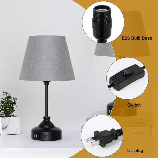 2pcs USB Table Lamps for Nightstand with Grey Lamp Shade Bedroom Nightstand {3}