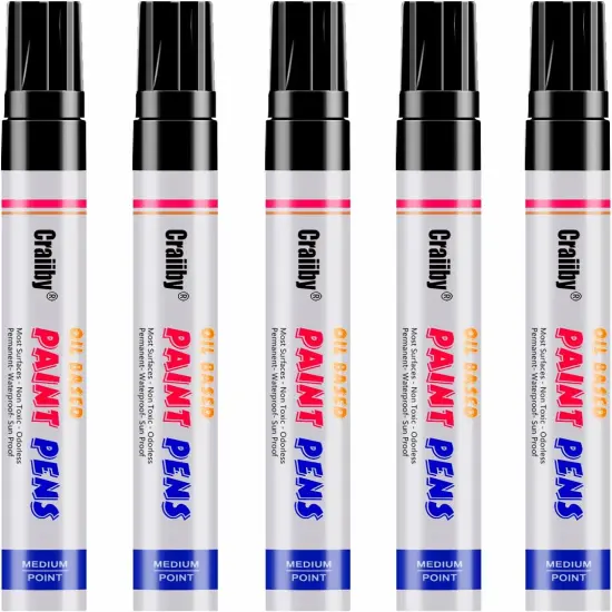 Black Paint Markers, 5 Pack Oil-Based Waterproof Quick Dry Permanent Paint Pen Set for Rocks Painting, Wood, Fabric, Plastic, Canvas, Glass, Mugs, Metal, Tire, Stone, DIY Craft {1}
