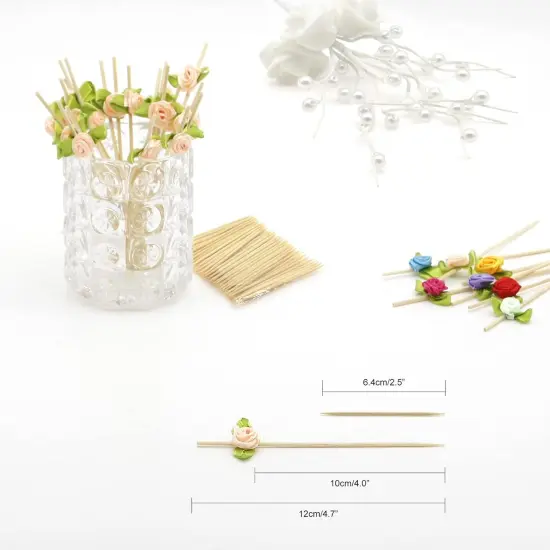 Pink Rose Flower Cocktail Picks, 4.7 Inch Long Bamboo Fancy Toothpicks for Appetizers, Decorative Bridal Shower Wedding Valentines Party Food Drinks Fruit Skewer Sticks 100 Counts - MSL222 {2}