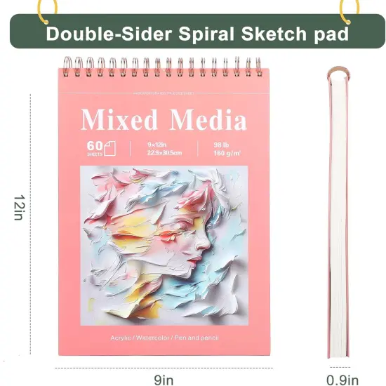 Mixed Media Sketchbook, 9x12 inches Sketch Pad 60 Sheets (98lb/160gsm) Heavyweight Drawing Papers, Top Spiral Bound Hardcover Watercolor Paper, for Wet and Dry Media (1) {2}