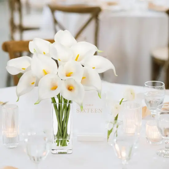 Fake Flowers in Vase 12&ldquo; Artificial Calla Lily Pure-White Flowers Arrangement with Vase and Faux Water for Home Decor Dining Table {2}