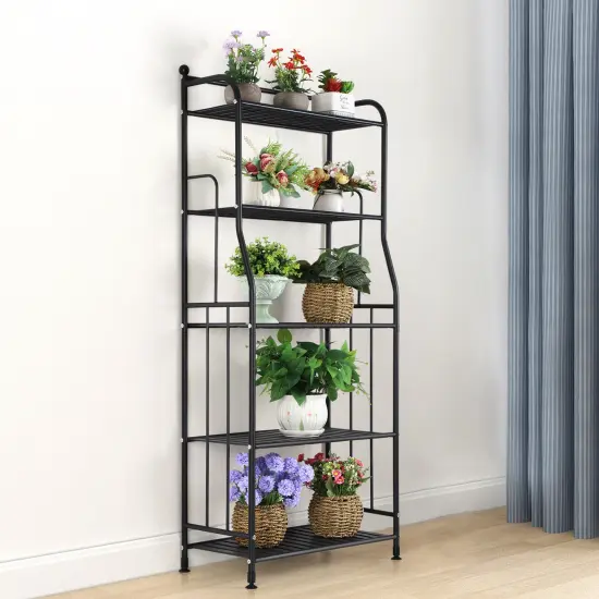 5 Tier Iron Floor Standing Storage Rack, Small Bookshelf, Multi-Purpose Plant Rack, Living Room Kitchen Bedroom Organizer {1}