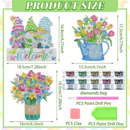3 Pcs DIY Spring Diamond Painting Wreath Kit Tulip Flower Gnome Diamond Art Hanging Wreath Spring Crystal Painting Ornaments Hanging Sign for Adults Beginners Craft Supplies {3}