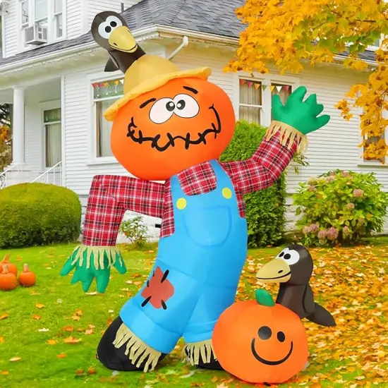 GOOSH 6 FT Thanksgiving Inflatable Decorations Crow Fall Harvest Pumpkin Scarecrow with Built-in LED Lights {1}