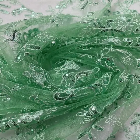 1 Yard Mint Green Corded Sequin Lace Mesh Fabric with Double Scalloped Edge 54&rdquo; Wide {2}