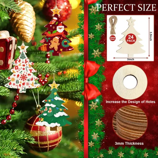 Wooden Christmas Ornaments to Paint Christmas Tree Decoration Cutouts Unfinished 24PCS 3.5 x 3 inches, DIY Blank Unfinished Christmas Tree Wood Discs Ornament for Home Crafts Hanging {4}
