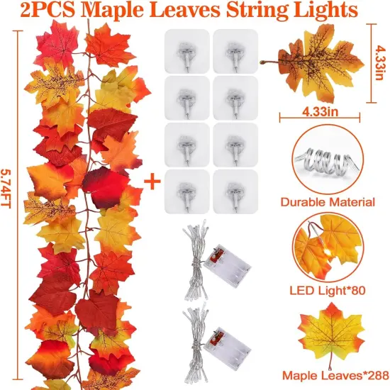 2 Pack Fall Maple Leaves Garland with Lights - 11.8Ft 40LED {5}