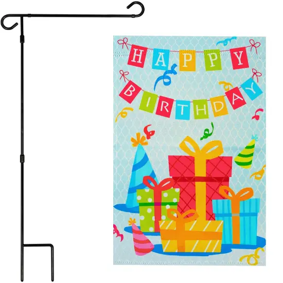 G128 Combo Pack: Garden Flag Stand 36x16IN & Garden Flag Happy Birthday Presents Printed 12x18IN Double Sided {1}