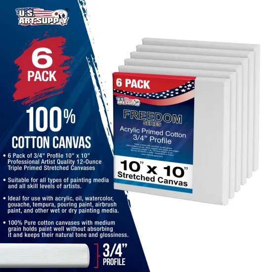 10 x 10 inch Stretched Canvas 12-Ounce Triple Primed, 6-Pack - Professional Artist Quality White Blank 3/4" Profile, 100% Cotton, Heavy-Weight Gesso {2}