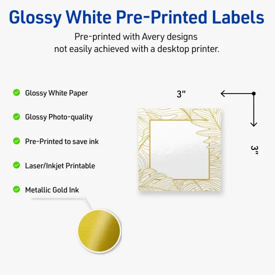 Avery Printable Square Labels with Sure Feed Technology, Pre-Printed Gold Florals, Glossy White, 3" x 3", Laser & Inkjet Compatible, 60 Total, Great for Branding, Marketing, and Events {2}