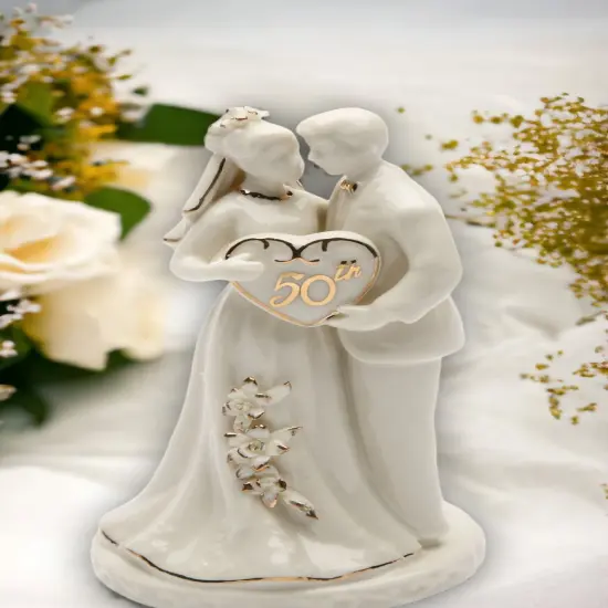 50th Anniversary Milestone-The Golden Wedding Anniversary-Hand Crafted Ceramic Cake Topper with Golden Accents, Anniversary Décor, Anniversary Party Gift, 50th Celebration {2}