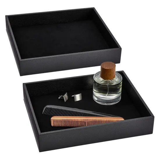 2 Pack Faux Leather Valet Tray for Men, Velvet Catchall Organizer for Entryway, Nightstand, Keys, Wallet (Black, 10.2"L x 8.3"W x 1.8"H) {1}