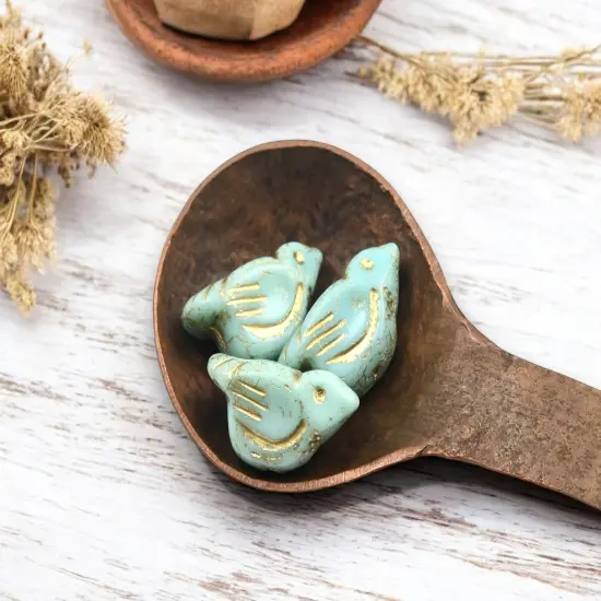 *2* 11x22mm Gold Washed Mint Green Bird Beads {3}