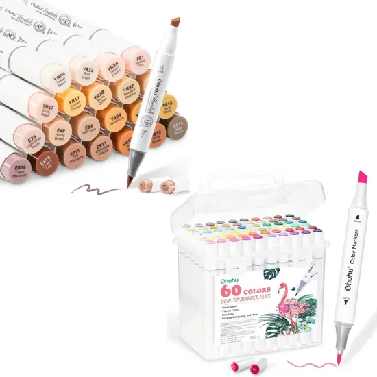Ohuhu Honolulu 24 Skin Tone Alcohol Markers + 60 Color Water-Based Marker Set {1}