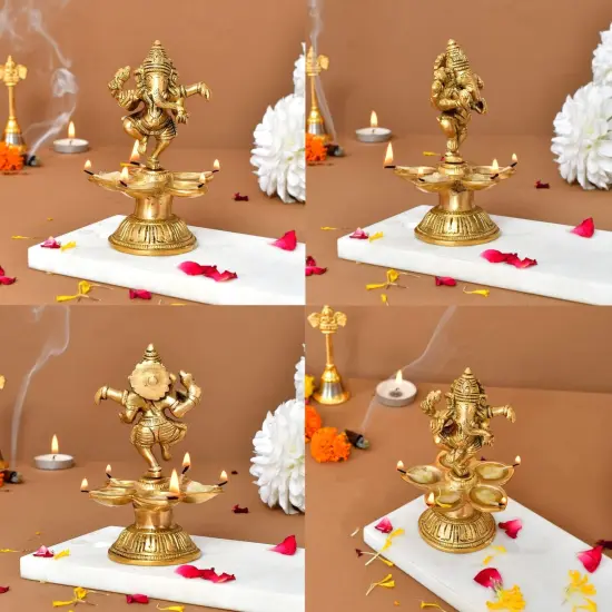 Dancing Ganesha Solid Brass Diya Deepam Vilakku Samai Oil Lamp with Base Home Pooja Room Diwali Decorations Mandir Temple Ganesha Akhand Diya Hindu Puja Religious Deepawali Return Gift {4}