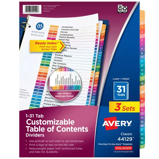Avery 1-31 Dividers for 3 Ring Binders, 31 Tabs per Set, Customizable Table of Contents, Multicolor Tabs (3 Sets of 44129) {1}