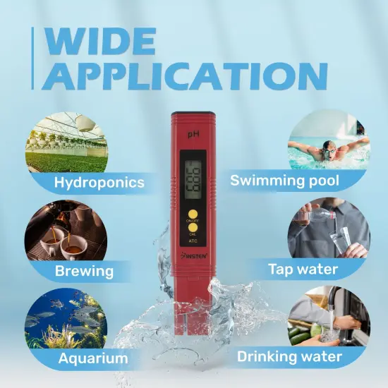 Insten - Digital pH Meter Tester Pen for Water Hydroponics, High Accuracy, Pocket Size, 0-14 pH Measurement Range, Red {5}