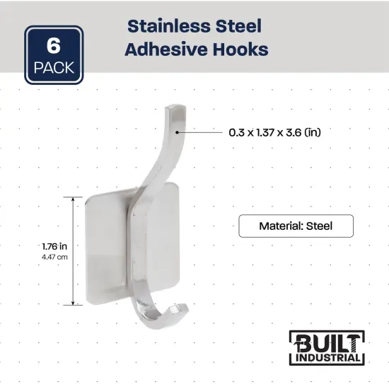 6 Pack Double Post Adhesive Wall Hooks, Heavy Duty Stainless Steel for Hanging Towel Coat Hat (3.6 in) Silver {3}