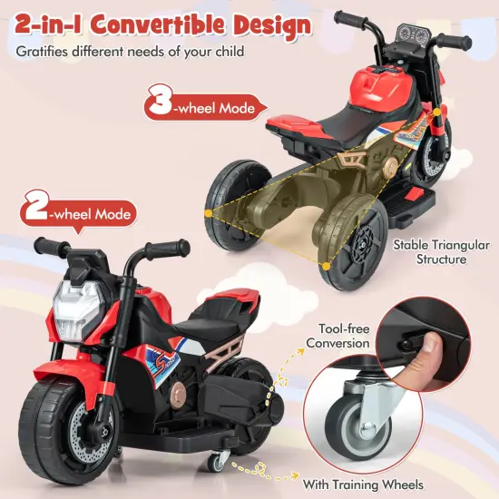 Plastic 6V Kids Ride-on Motorcycle with Battery Power and Detachable Training Wheels Red {5}