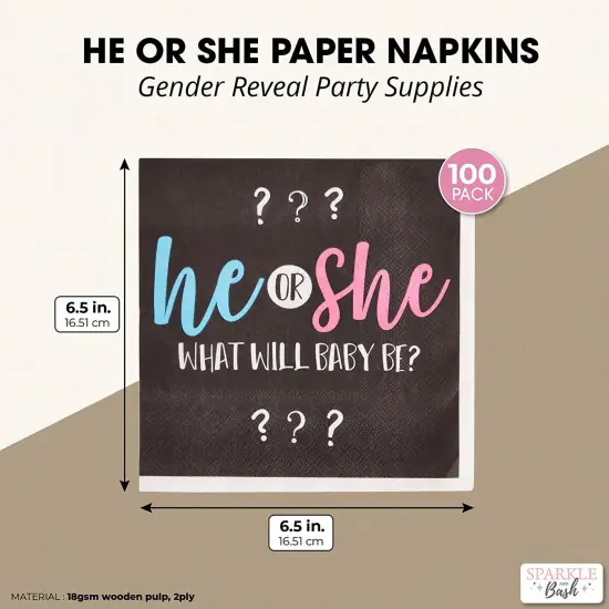 Gender Reveal Paper Napkins, He or She Party Supplies (6.5 x 6.5 In, 100 Pack) Multicolor {2}