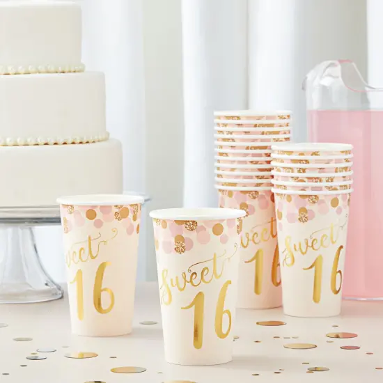 50 Pack 16 oz Paper Pink Party Cups for Girls Sweet 16 Party Supplies (Rose Gold Foil) {2}