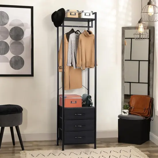 Heavy Duty Garment Rack with 3 Drawers & Shelves | 71" Tall Multi-Functional Clothing Organizer | Industrial-Strength Metal & Pine Wood Wardrobe for Bedroom, Entryway {6}