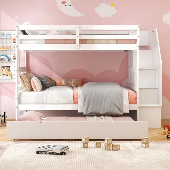 Twin Bunk Bed with Guard Rail and 4-Step Storage Stairs No Box Spring Needed White {5}