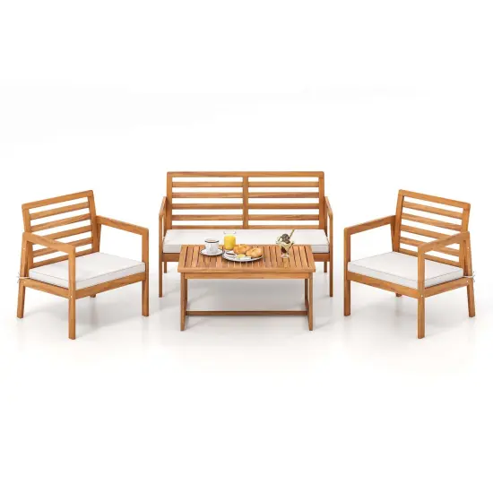 Costway 4 PCS Wood Patio Furniture Set with Soft Seat Cushions Solid Acacia Wood Frame {2}