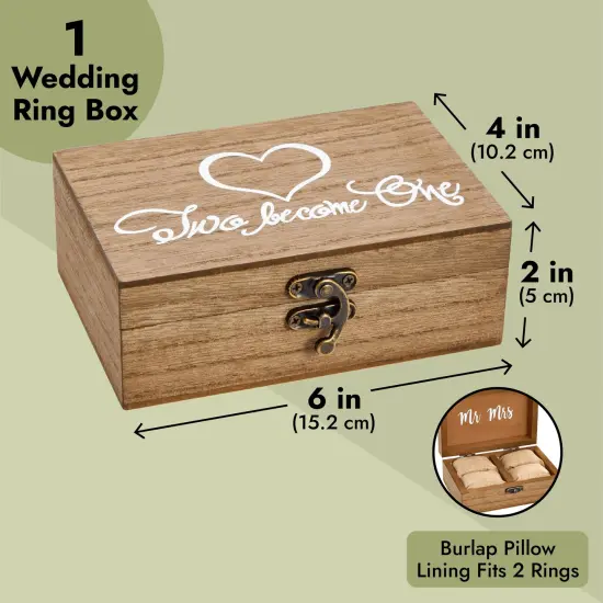 Juvale Wooden Two Become One Ring Bearer Box with Two Become One Design - Brown Burlap Pillow Lining - Wedding Ring Box for Ceremony, Anniversaries, and Marriage Renewal (6 x 4 x 2 In) {4}