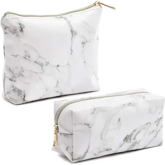 Set of 2 White Marble Makeup Organizer Bag, Cosmetic Storage Pouch, Travel Toiletry Case {1}