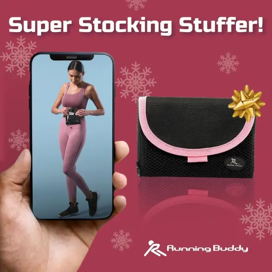 Running Buddy Magnetic Buddy Pouch, Beltess, Chafe and Bounce Free, Runners Fanny Pack, Phone Holder, Great for Running, Walking, Traveling & More, For Men & Women - 5-7/8" L x 4" W - Black and Pink {5}