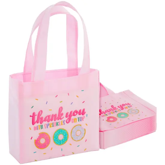 24 Pack Donut Goodie Bags - Pink Donut Theme Party Favor Totes for Girl's Birthday, Baby Shower, Special Event (6.5 x 7 x 2 In) {1}