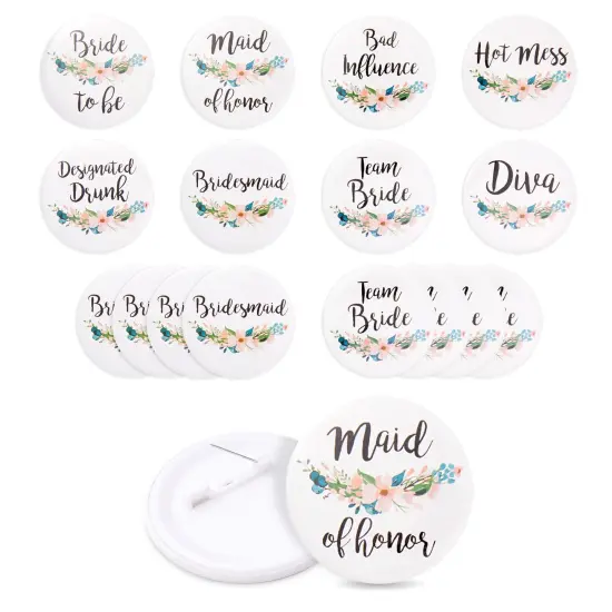 16 Pack - Bridal Party Pins - Wedding Party Buttons - Bridesmaid Gifts, Favors & Gifts, Team Bride, Maid of Honor Party Supplies, White, 8 Unique Designs {1}