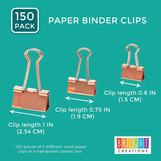 150 Pack Rose Gold Binder Clips Paper Clamps, 3 Assorted Size: Small, Medium, Large File Clips for School Files Documents, Modern Office Supplies {4}