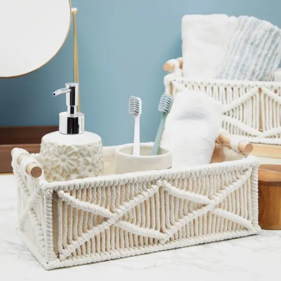 Set of 2 Macrame Storage Baskets, Woven Bins with Wood Handles for Home Decor (Ivory) White {4}