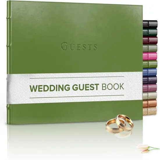 Gallery Leather Guest Book Wedding, Party, Special Events, add Polaroid Photos, 192 Lined Pages, Bonded Leather, Hardcover 7" x 9" Acadia Lime {1}