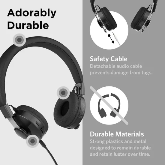 LilGadgets Untangled Pro On-Ear Wireless Kids Headphones for School, Microphone, Volume Limited, SharePort Technology, SoftTouch Padding, Black, Ages 3-14 {3}