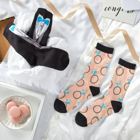 2 Pairs Bride and Groom Wedding Socks - Novelty Tuxedo and Diamond Ring Designs, One Size Multicolor {3}