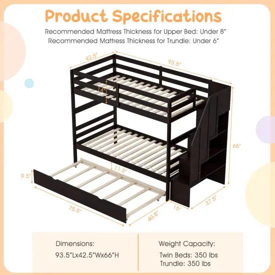 Twin Bunk Bed with Guard Rail and 4-Step Storage Stairs No Box Spring Needed Brown {4}