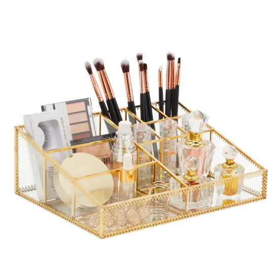 Glass Makeup Organizer with Gold Trim for Vanity, Cosmetic Storage (10.2 x 7.5 x 3.5 In) {1}