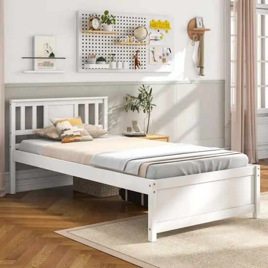Wooden Platform Bed with Headboard and Wood Slat Support White {7}
